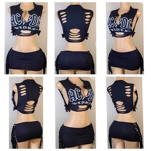 AC/DC Black Custom Distressed Skirt Set